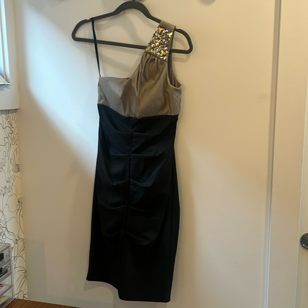 One shoulder, knee length, body con cocktail dress